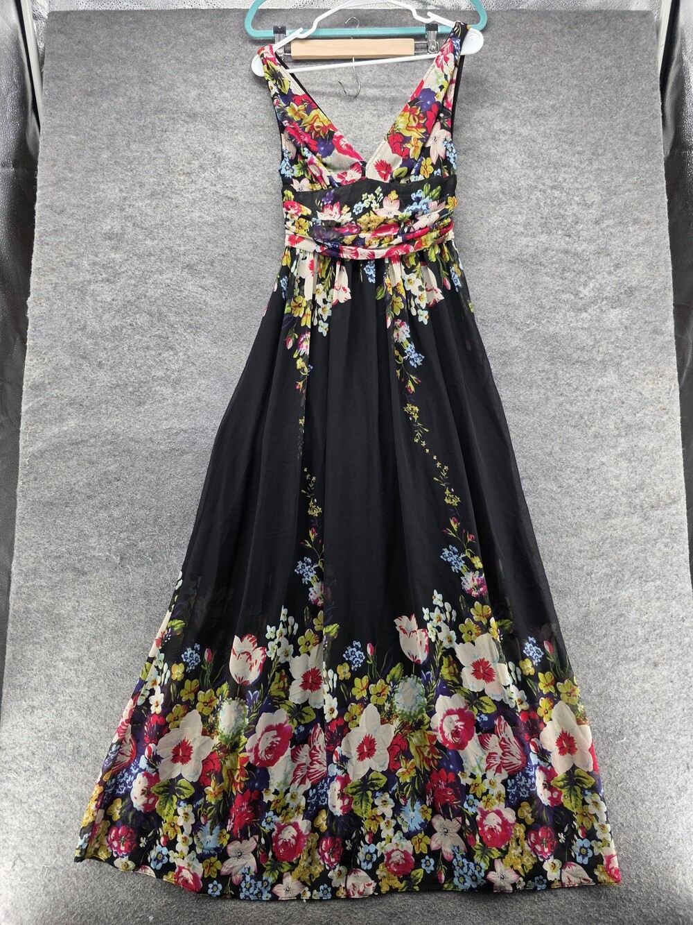 Ever-Pretty Dress Womens 4 Black Maxi Sundress V-Neck Chiffon Pleated Floral
